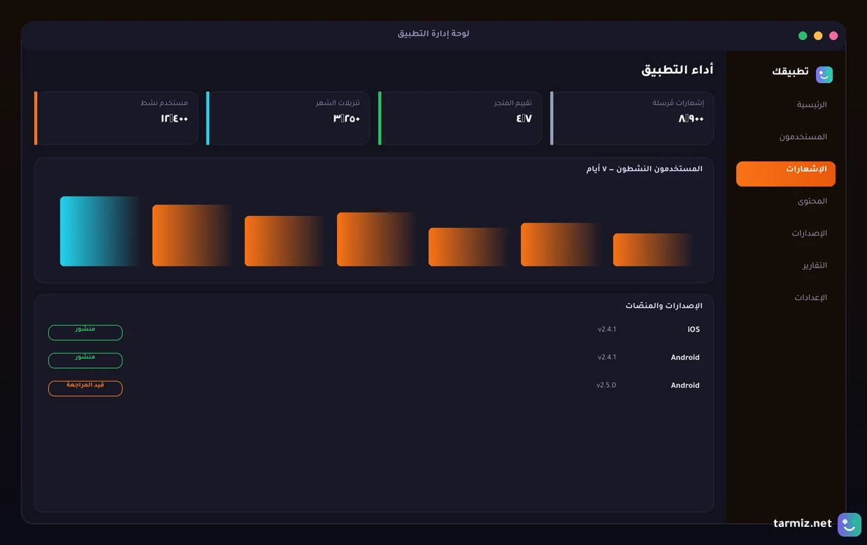 لوحة إدارة تطبيقك لوحة إدارة تطبيق جوال بالمستخدمين والإشعارات والإصدارات